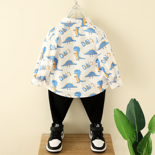 Dino Explorer Chic: Pure Cotton Dinosaur Printed Shirt and Black Trouser Set with Imaginative Pocket Fun for Kids!