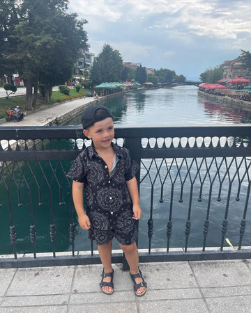 Urban Chic Vibes: Black Cotton Printed Shirt and Shorts Set for Trendsetting Kids