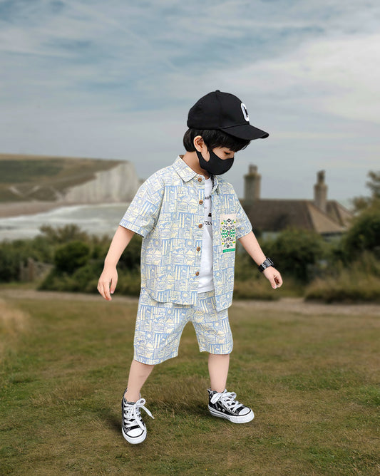 Sky Dreams Ensemble: Pure Cotton Cord Set with Printed Shirt and Shorts for Kids