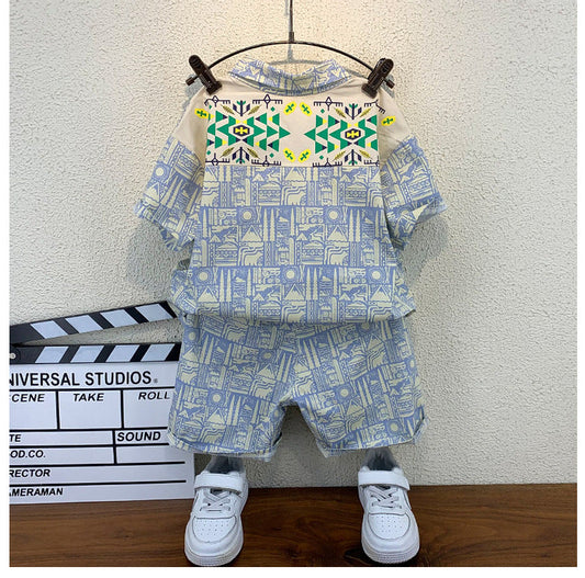 Sky Dreams Ensemble: Pure Cotton Cord Set with Printed Shirt and Shorts for Kids"