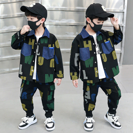 "ABC-Adventure Kids: Vibrant ABCD Printed Jacket and Track Pant Set for Trendsetting Tots!"