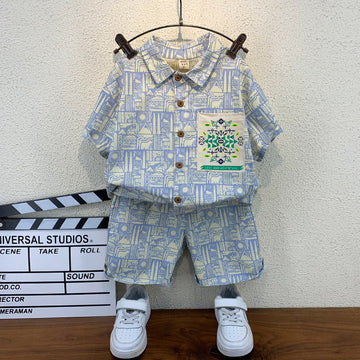 Sky Dreams Ensemble: Pure Cotton Cord Set with Printed Shirt and Shorts for Kids"