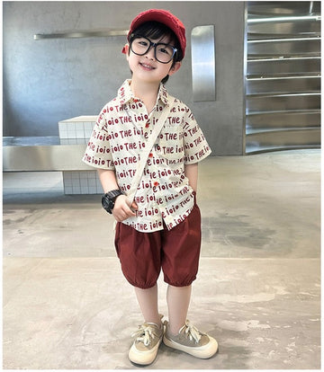 Cotton Short Sleeves Wild Life Sea alphabet Printed Shirt With Solid Shorts