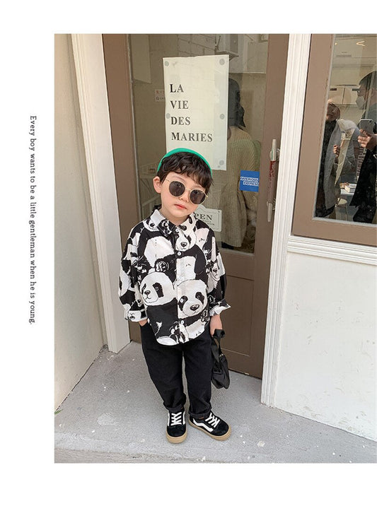 BB Children's Clothing Boys' Panda Full Printed Short-Sleeved Shirt Summer Children Pure Cotton Shirt Spring