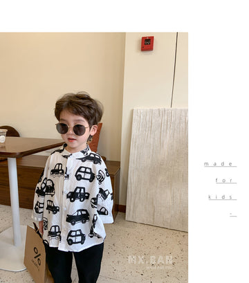 Children's Clothing Boys' white car Printed Short-Sleeved Shirt Summer Children Pure Cotton Shirt SprinG