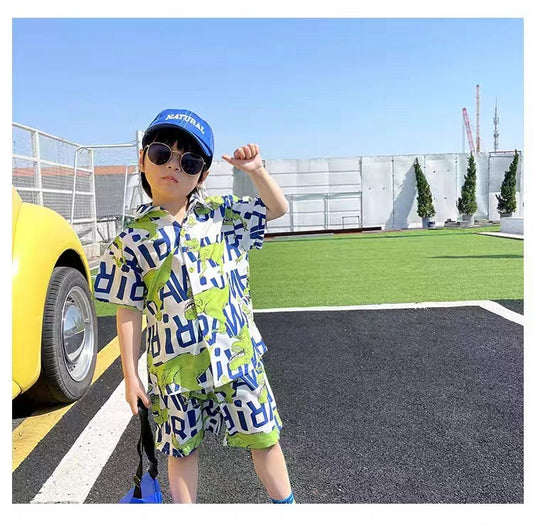 Fashion Toddler 2pcs Suit Baby Boys Outfits Cotton Cartoon Tyrannosaurus Shirt Tops And Shorts Children Holiday Clothes