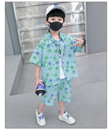 Boys Blue Text Print Shirt and Short Set