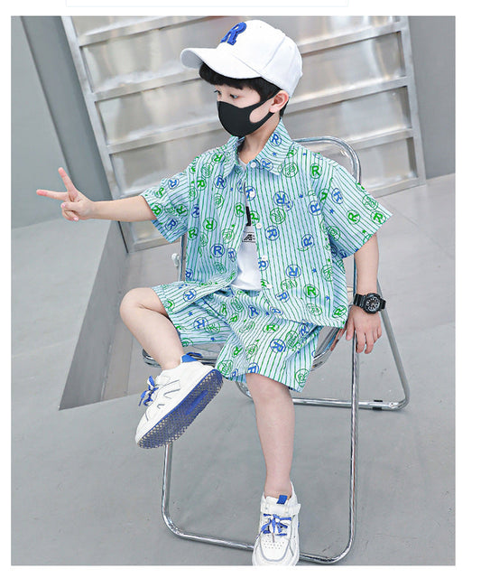 Boys Blue Text Print Shirt and Short Set