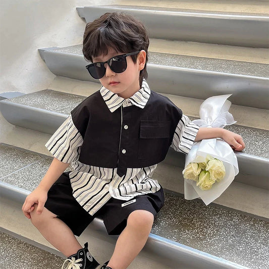 Kids Short-Sleeved Shirt Shorts Casual Top and Bottom Two-Piece Childrens  Fashion  Set