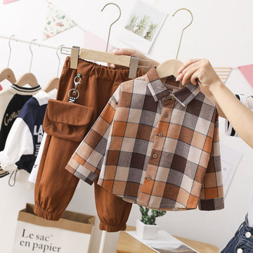 Baby Plaid Print Shirt & Cargo Pants with Pocket