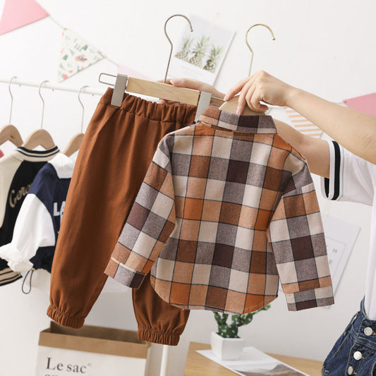 Baby Plaid Print Shirt & Cargo Pants with Pocket