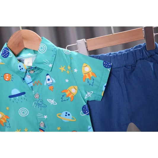 TODDLER BABY BOY ROCKET SHIRT BLOUSE TOPS + SHORTS OUTFIT SET CLOTHES